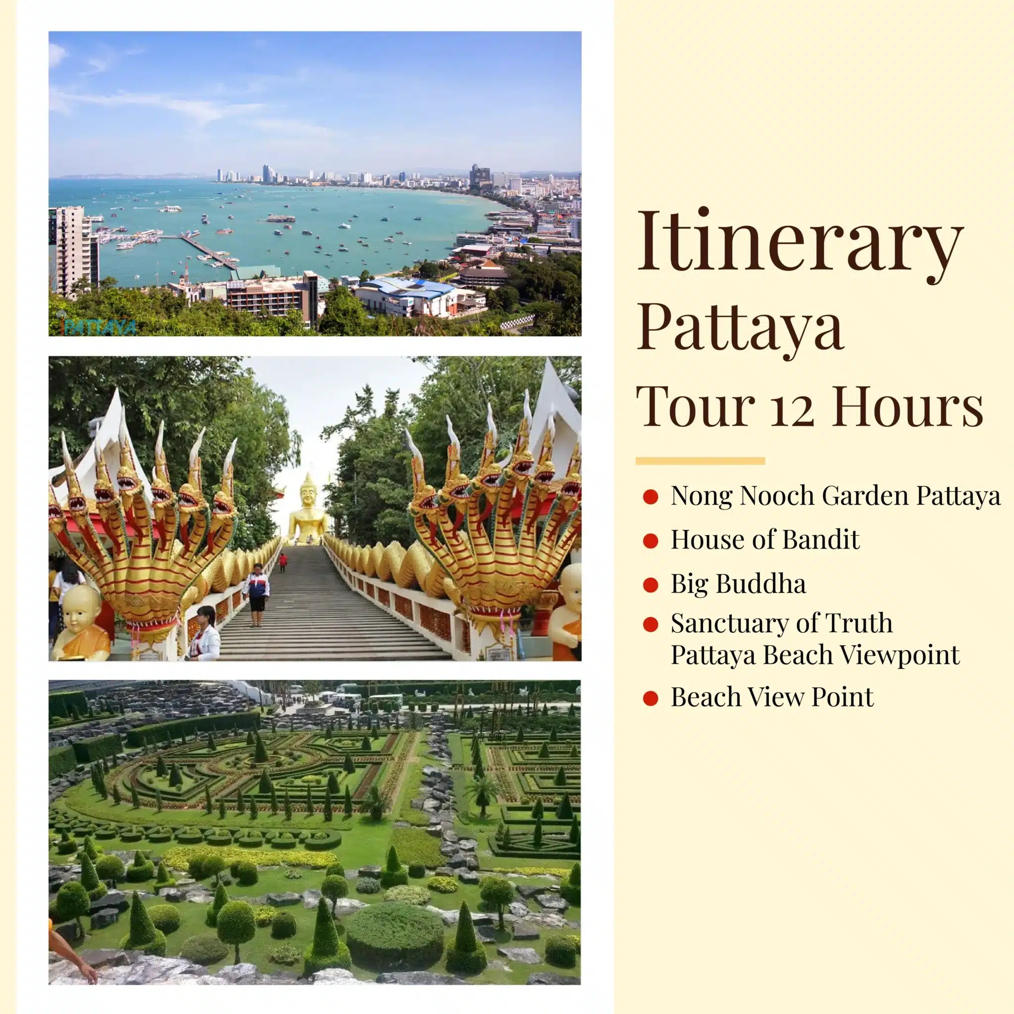 Take a tour around Pattaya City, visit cafes and important places that customers want such as Nong Nooch Garden, Sanctuary of Truth, Big Buddha.